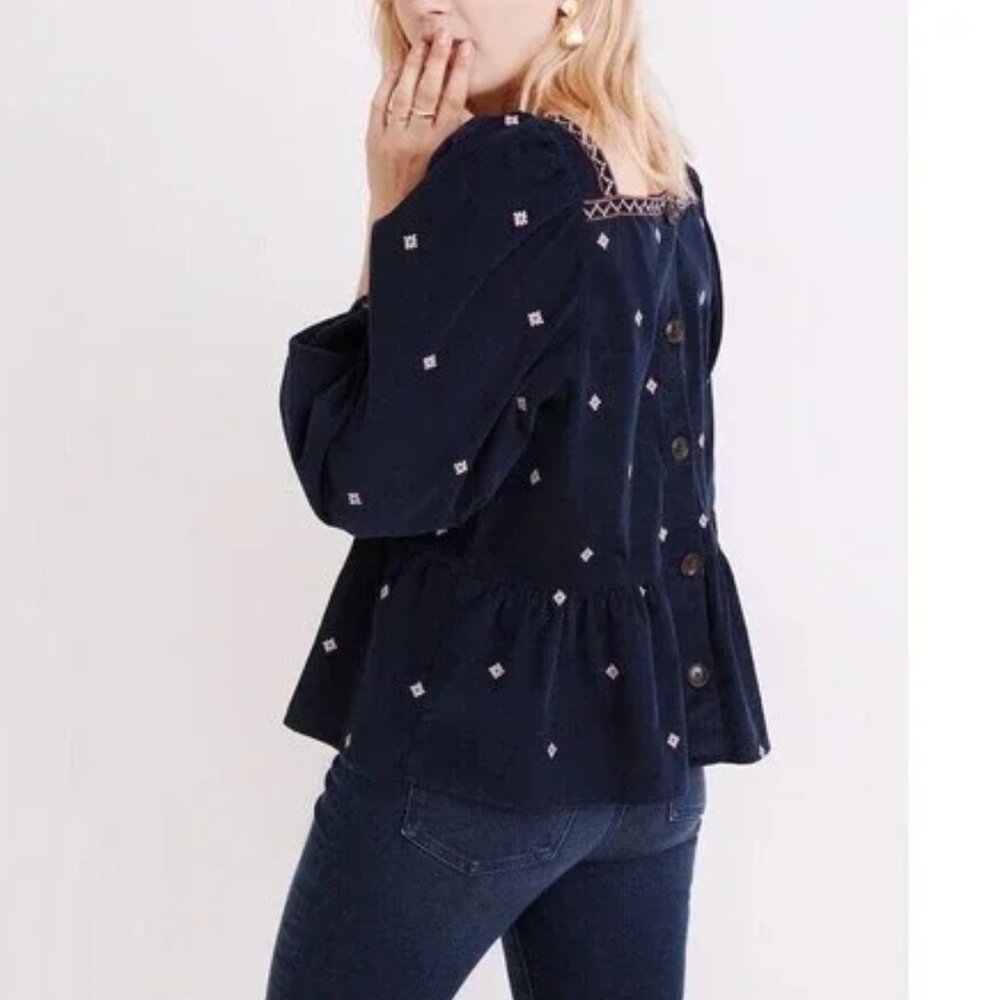 Madewell Corduroy Embroidered Button Back Peplum Top Size XL Shirt Boho Fall